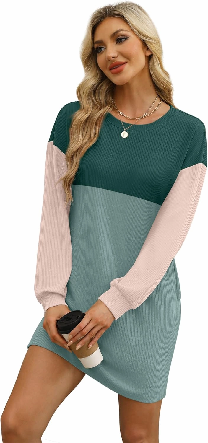 WIHOLL Womens Long Sleeve Dress Loose Fit Casual Crewneck Flowy Mini Dresses with Pockets Fall Fashion