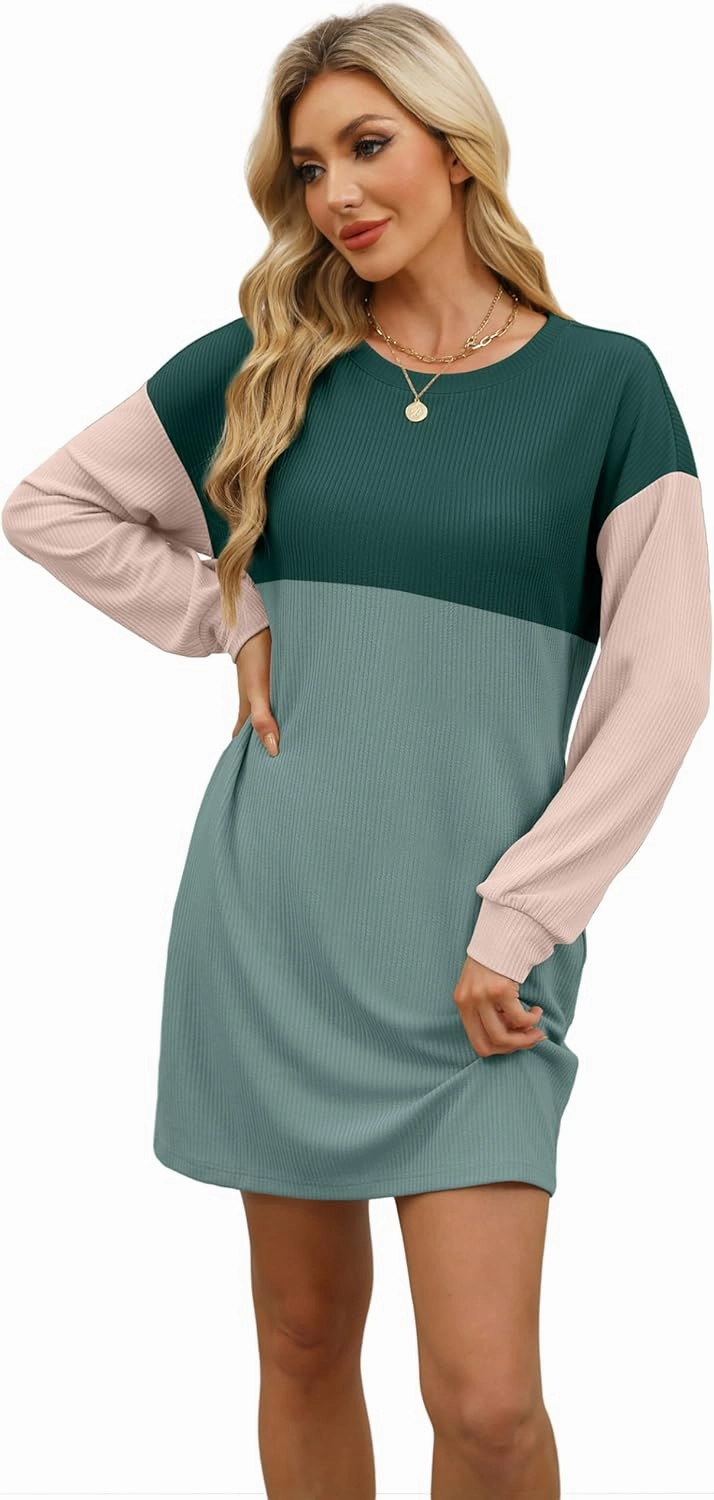 WIHOLL Womens Long Sleeve Dress Loose Fit Casual Crewneck Flowy Mini Dresses with Pockets Fall Fashion