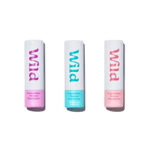 Wild - Pack of 3 Mini Deodorants - Natural Ingredients & Aluminum Free - Long Lasting Protection - Great for Vacation & Travel - Plastic Free - Vegan & Eco-Friendly - Trial Size