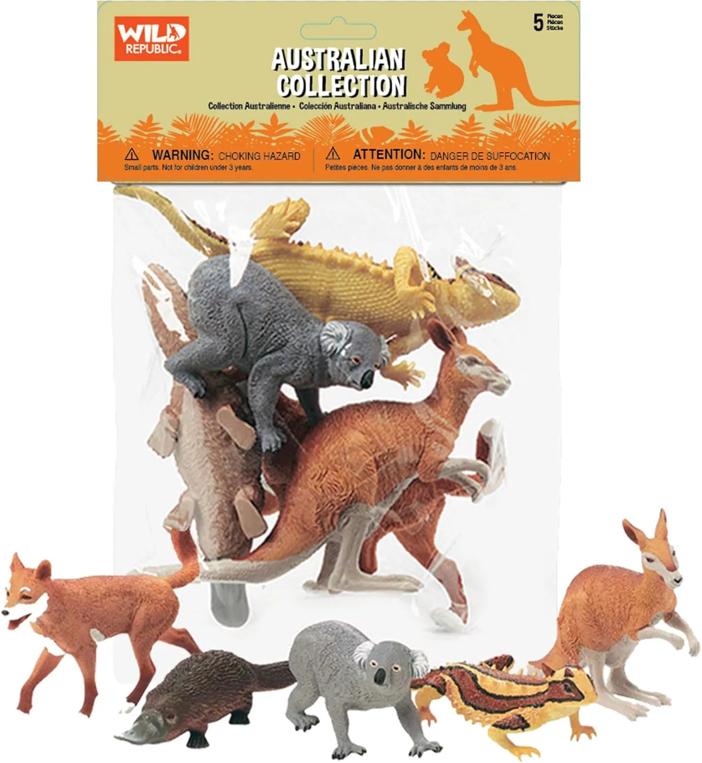 Wild Republic Kangaroo, Koala, Dingo, Platypus, Lizard, Australian polybag, 5 pc Set