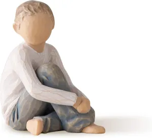 Willow Tree Caring Child, Nurtured by Your Loving Care, Seated Boy Figure in Blue Jeans, Works Well in Groupings That Reflect Family Relationships, Sculpted Hand-Painted Figure