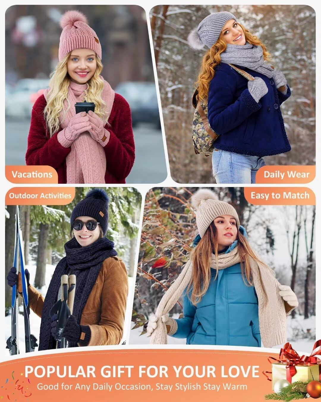 Winter Beanie Hat Scarf Gloves Set for Women, Pom Pom Beanie Fleece Lined Knit Neck Warmer Touchscreen Gloves 3 in 1 Gift Set