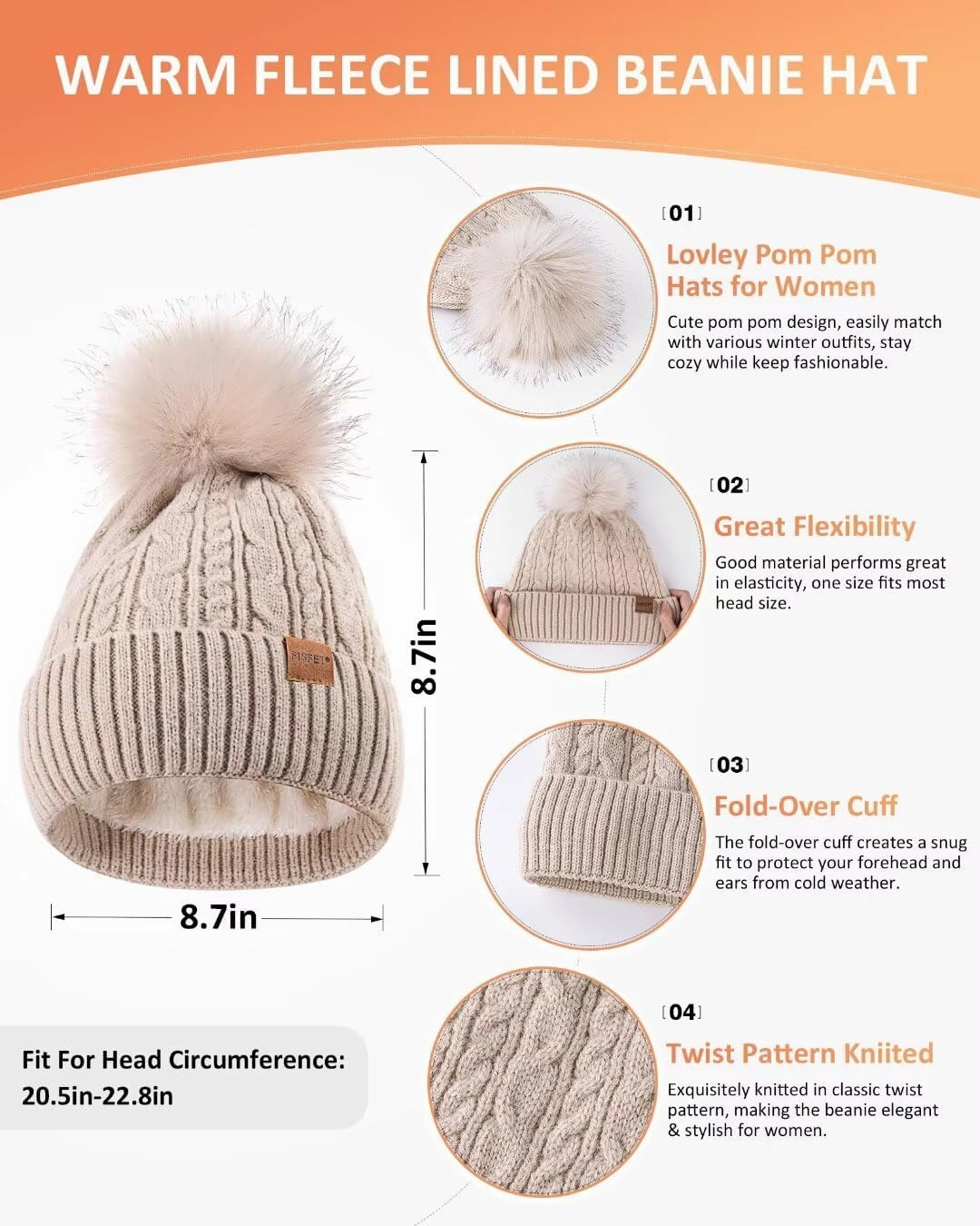 Winter Beanie Hat Scarf Gloves Set for Women, Pom Pom Beanie Fleece Lined Knit Neck Warmer Touchscreen Gloves 3 in 1 Gift Set