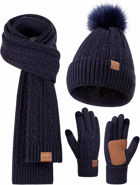 Winter Beanie Hat Scarf Gloves Set for Women, Pom Pom Beanie Fleece Lined Knit Neck Warmer Touchscreen Gloves 3 in 1 Gift Set