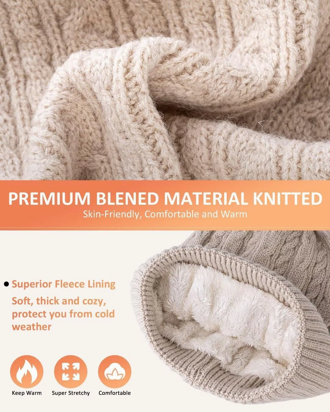 Winter Beanie Hat Scarf Gloves Set for Women, Pom Pom Beanie Fleece Lined Knit Neck Warmer Touchscreen Gloves 3 in 1 Gift Set
