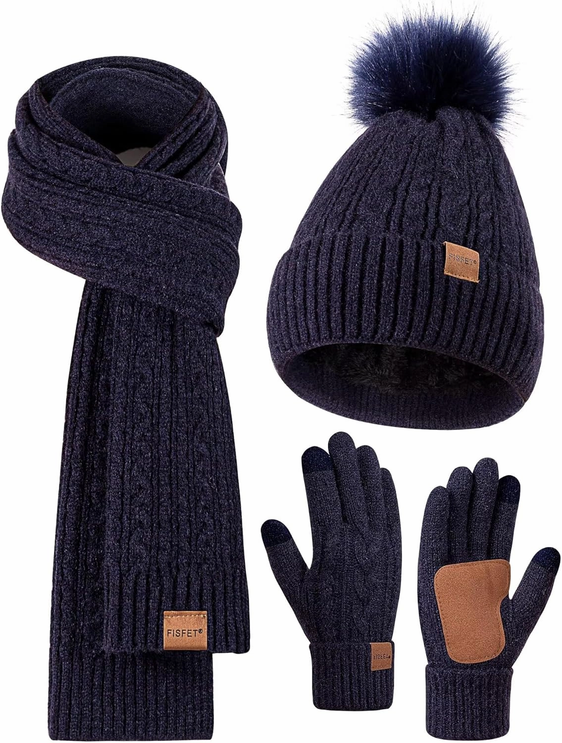 Winter Beanie Hat Scarf Gloves Set for Women, Pom Pom Beanie Fleece Lined Knit Neck Warmer Touchscreen Gloves 3 in 1 Gift Set