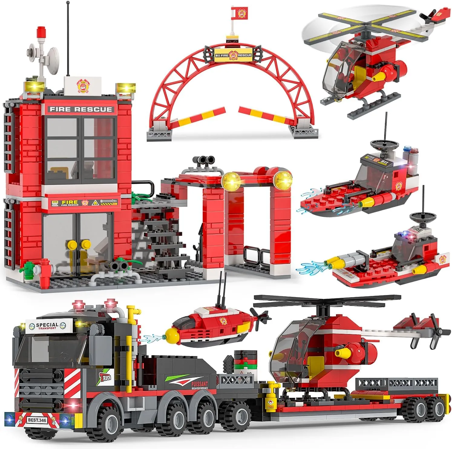 WishaLife City Fire Station Set, with Transport Truck, Helicopter - Pretend Play, Ages 6 