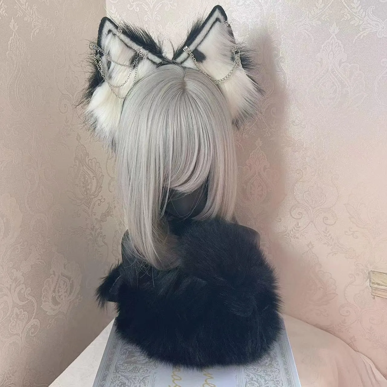 Wolf Ears Tail Set Fox Wolf Headbands Clips Fluffy Cosplay Costumes, Gothic Punk Accessories for Halloween