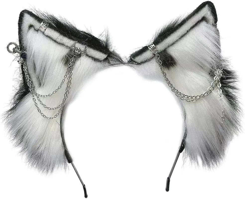 Wolf Ears Tail Set Fox Wolf Headbands Clips Fluffy Cosplay Costumes, Gothic Punk Accessories for Halloween