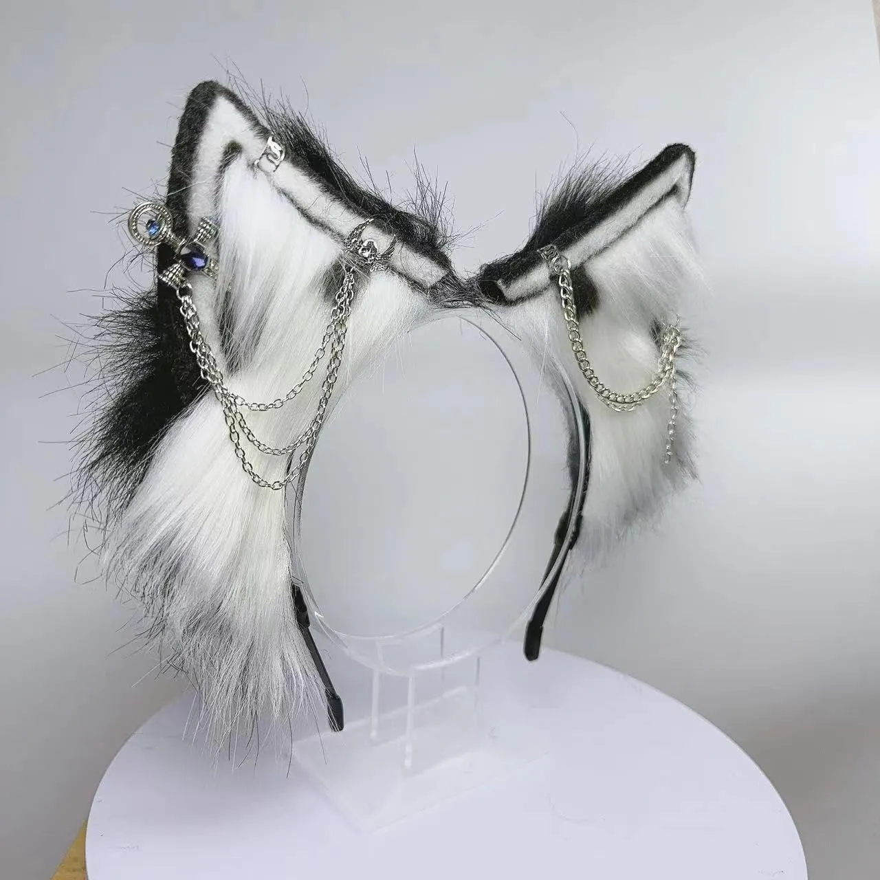 Wolf Ears Tail Set Fox Wolf Headbands Clips Fluffy Cosplay Costumes, Gothic Punk Accessories for Halloween
