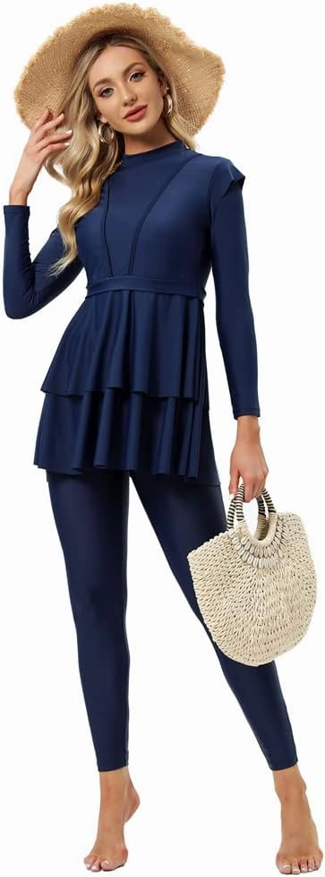Women Burkini Islamic Modest Clothing Plus Size Muslim Swimwear with Bra Pad Front Hijab Swimsuit