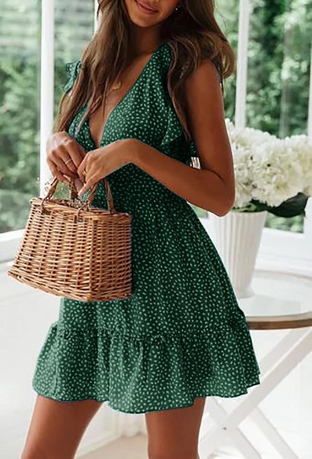 Women Floral Mini Dress Sexy V Neck Ruffle Flutter Sleeve Polka Dot Summer Dresses