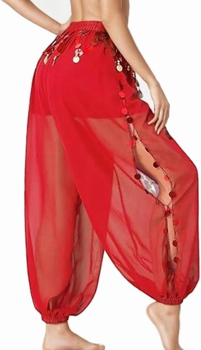 Women's Belly Dance Harem Pants Arabic Halloween Side Split Sequin Shiny Coins Lantern Trousers