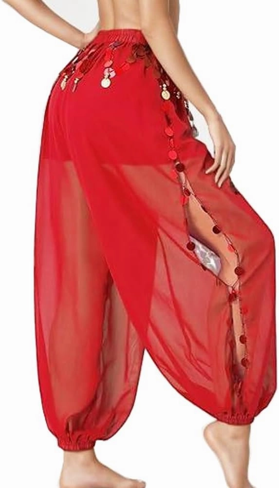 Women's Belly Dance Harem Pants Arabic Halloween Side Split Sequin Shiny Coins Lantern Trousers