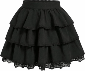 Women's Contrast Lace High Waisted Layered Skirt Flowy Casual Mini Skirt