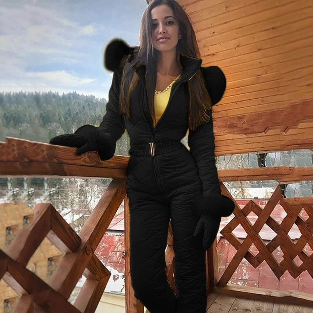 Women's One Piece Ski Suits Winter Outdoor Waterproof Snowsuits with Gloves Bag Set Zipper High Waist Warm Snow Jumpsuits