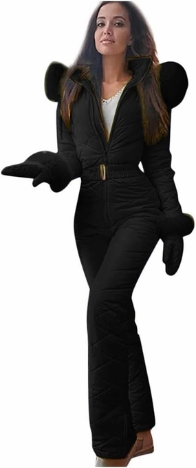 Women's One Piece Ski Suits Winter Outdoor Waterproof Snowsuits with Gloves Bag Set Zipper High Waist Warm Snow Jumpsuits
