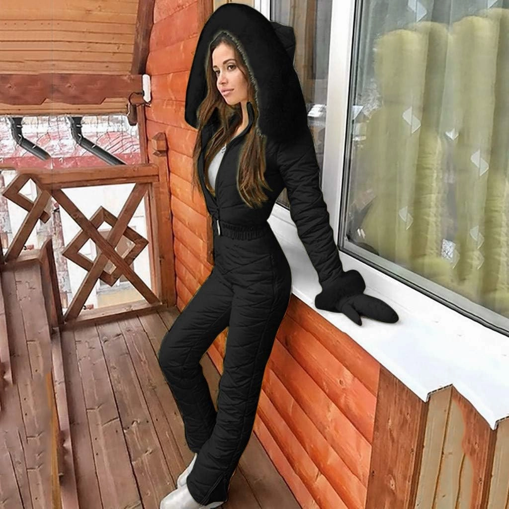 Women's One Piece Ski Suits Winter Outdoor Waterproof Snowsuits with Gloves Bag Set Zipper High Waist Warm Snow Jumpsuits