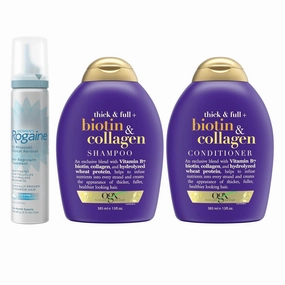 Women's Rogaine 5% Minoxidil Foam Topical Treatment for Hair Regrowth, Thinning and Loss, 4-Month Supply   OGX Thick & Full   Biotin & Collagen Shampoo & Conditioner Set, Purple, 13 Fl Oz (Pack of 2)