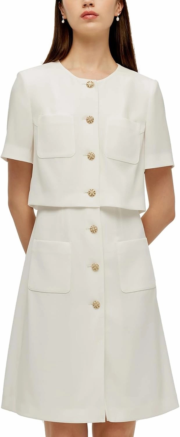 Women's Triacetate Mini Dress Summer Business Casual A Line V-Neck Button Dresses for Wedding Guest Teacher Work