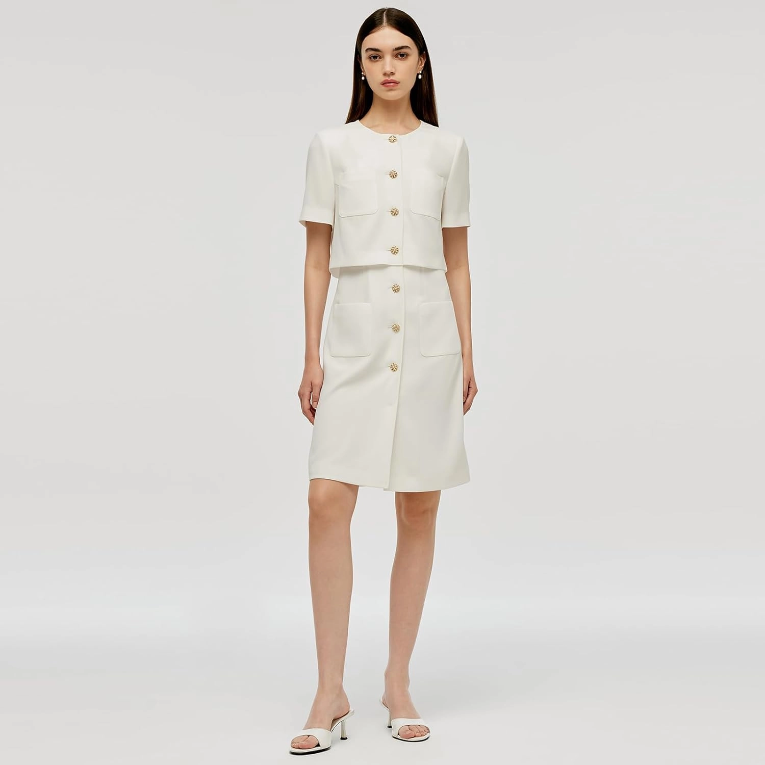 Women's Triacetate Mini Dress Summer Business Casual A Line V-Neck Button Dresses for Wedding Guest Teacher Work