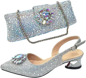 Women’S Champagne Rhinestone Embellished High Heels and Matching Bag Set for Elegant Parties