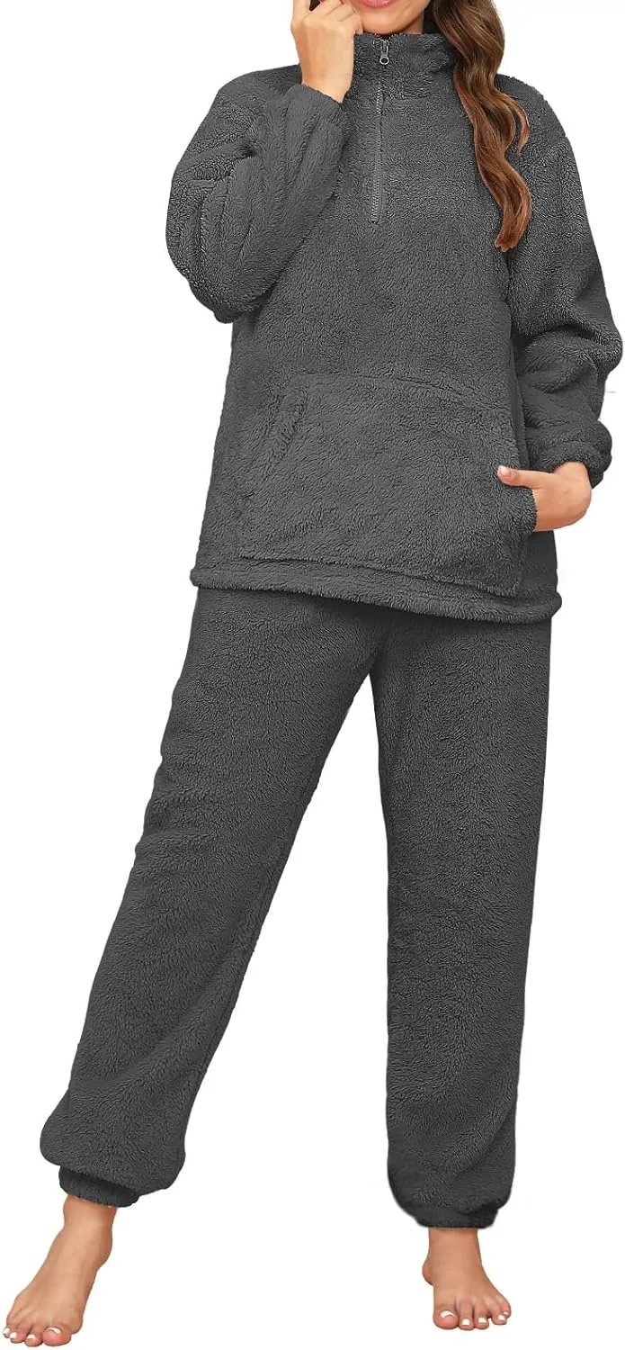 Womens Fleece Pajamas Set Winter Fluffy Pullover Loungewear Pjs 2 Piece Plush Pyjama Sets Sleepwear Nightwear