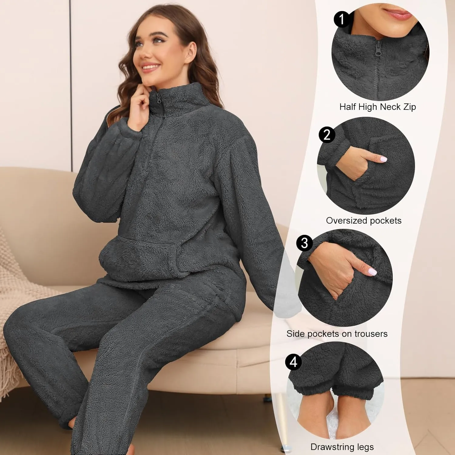 Womens Fleece Pajamas Set Winter Fluffy Pullover Loungewear Pjs 2 Piece Plush Pyjama Sets Sleepwear Nightwear