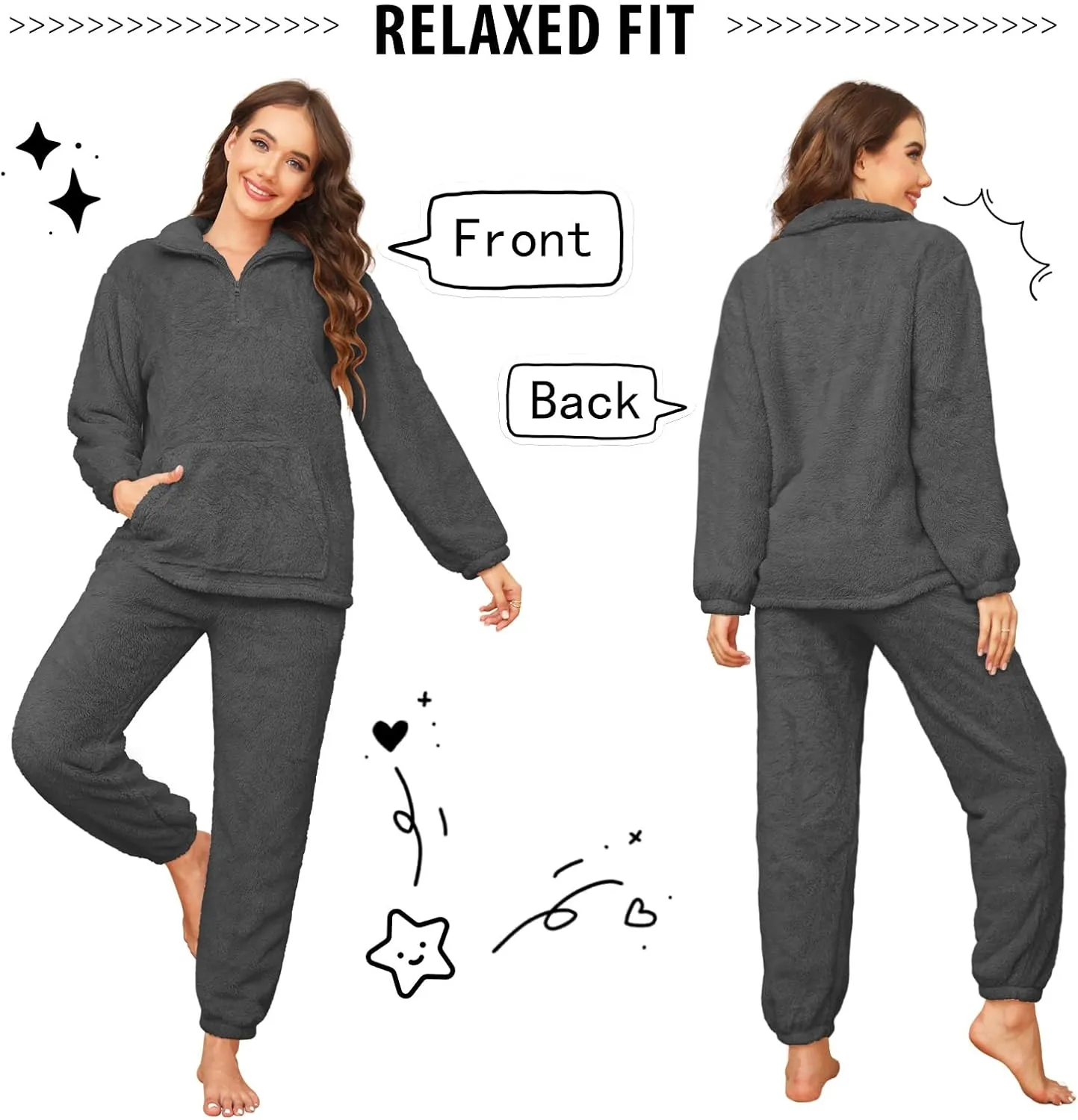 Womens Fleece Pajamas Set Winter Fluffy Pullover Loungewear Pjs 2 Piece Plush Pyjama Sets Sleepwear Nightwear