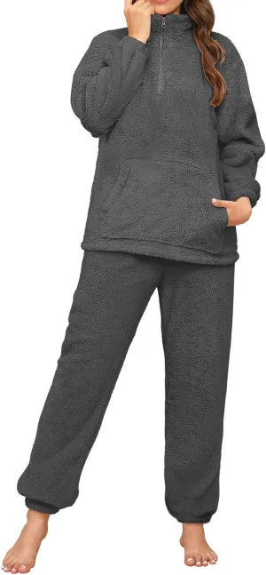 Womens Fleece Pajamas Set Winter Fluffy Pullover Loungewear Pjs 2 Piece Plush Pyjama Sets Sleepwear Nightwear