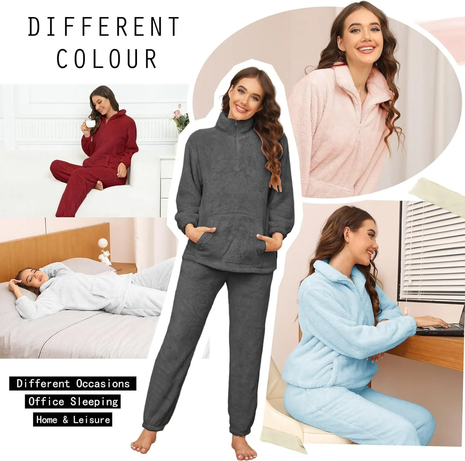 Womens Fleece Pajamas Set Winter Fluffy Pullover Loungewear Pjs 2 Piece Plush Pyjama Sets Sleepwear Nightwear