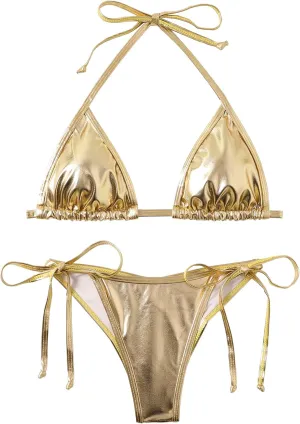 Women's Liquid Metallic Rainbow Bikini Sets Shiny String Padded Triangle 2 Pieces Swimsuit Set