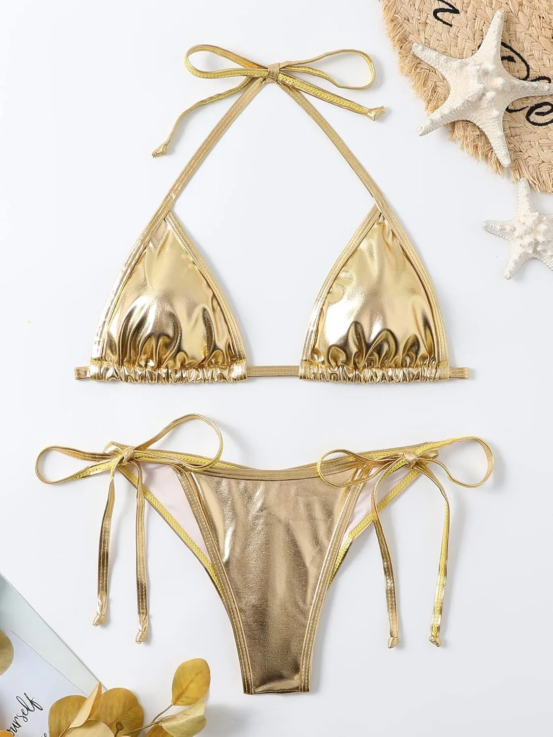 Women's Liquid Metallic Rainbow Bikini Sets Shiny String Padded Triangle 2 Pieces Swimsuit Set
