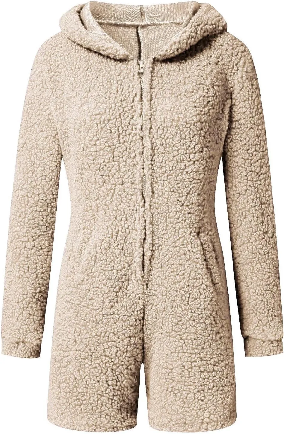 Womens Long Sleeve Short Jumpsuit Winter Warm Fuzzy Sherpa Pajamas Casual Zip Up Homewear with Bear Ear Sleepwear