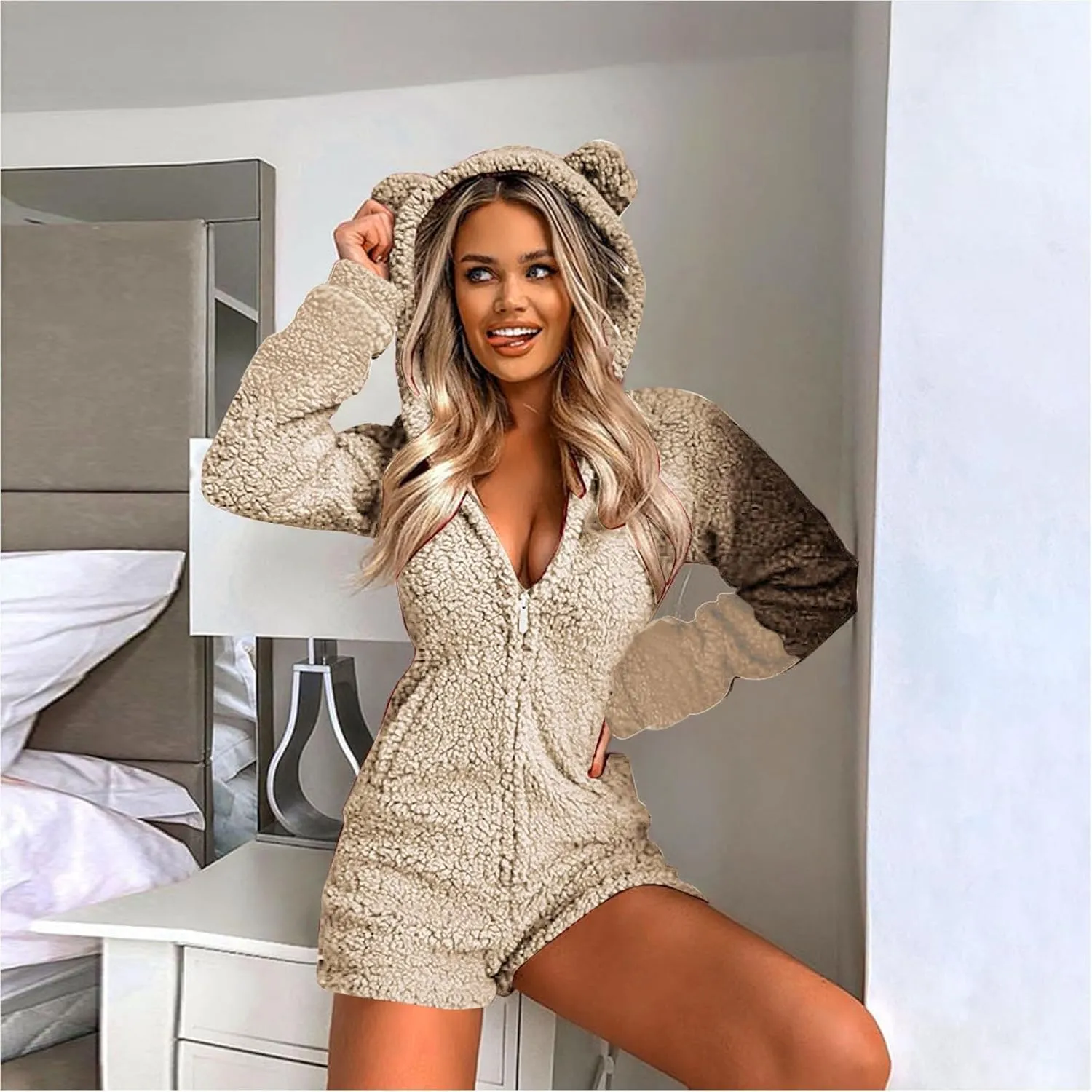 Womens Long Sleeve Short Jumpsuit Winter Warm Fuzzy Sherpa Pajamas Casual Zip Up Homewear with Bear Ear Sleepwear