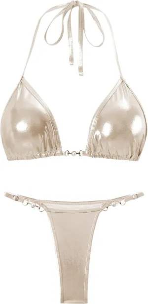 Women's Metallic Triangle Halter Bikini Sets Shiny Tie Back Pearl String Two Piece Swimsuit Bathing Suit Set