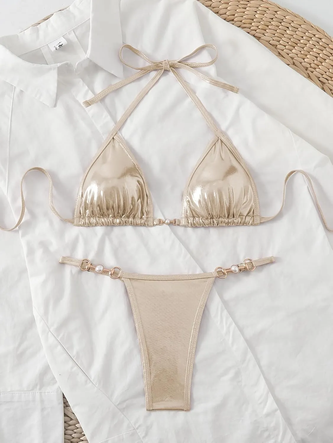 Women's Metallic Triangle Halter Bikini Sets Shiny Tie Back Pearl String Two Piece Swimsuit Bathing Suit Set
