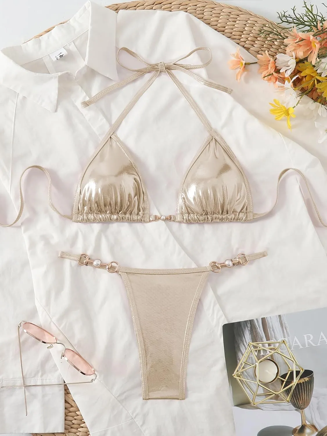Women's Metallic Triangle Halter Bikini Sets Shiny Tie Back Pearl String Two Piece Swimsuit Bathing Suit Set