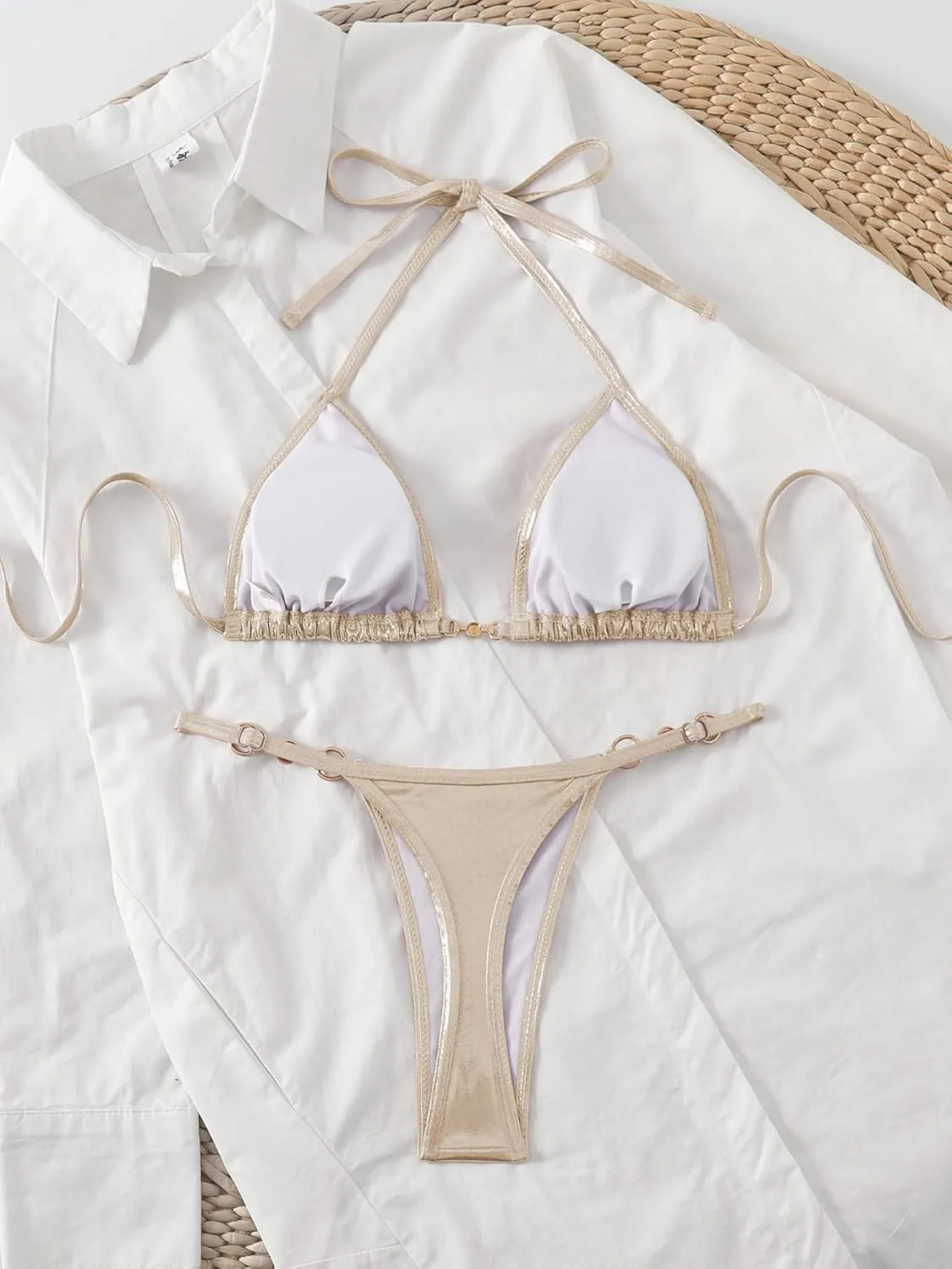 Women's Metallic Triangle Halter Bikini Sets Shiny Tie Back Pearl String Two Piece Swimsuit Bathing Suit Set