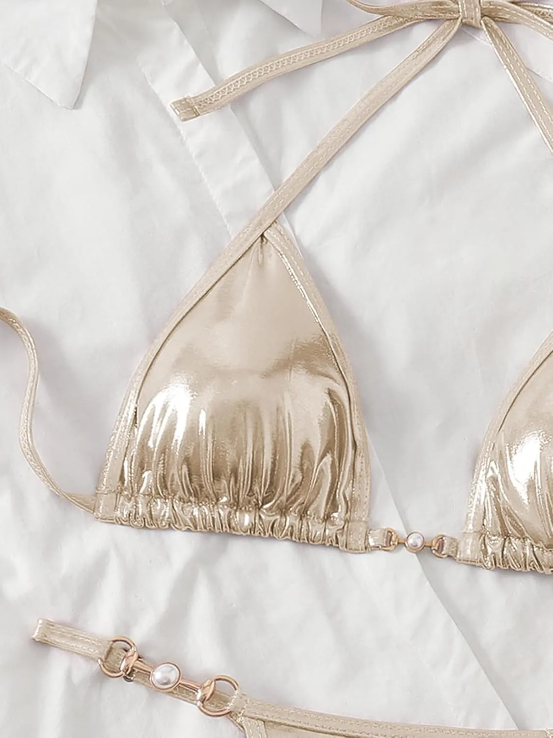 Women's Metallic Triangle Halter Bikini Sets Shiny Tie Back Pearl String Two Piece Swimsuit Bathing Suit Set