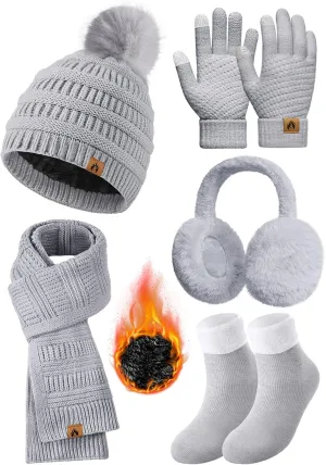 Womens Winter Beanie Hat Scarf Gloves Set Fleece Hat Long Scarf Neck Warmer Ear muffs Fuzzy Socks 5 in 1 Knit Sets