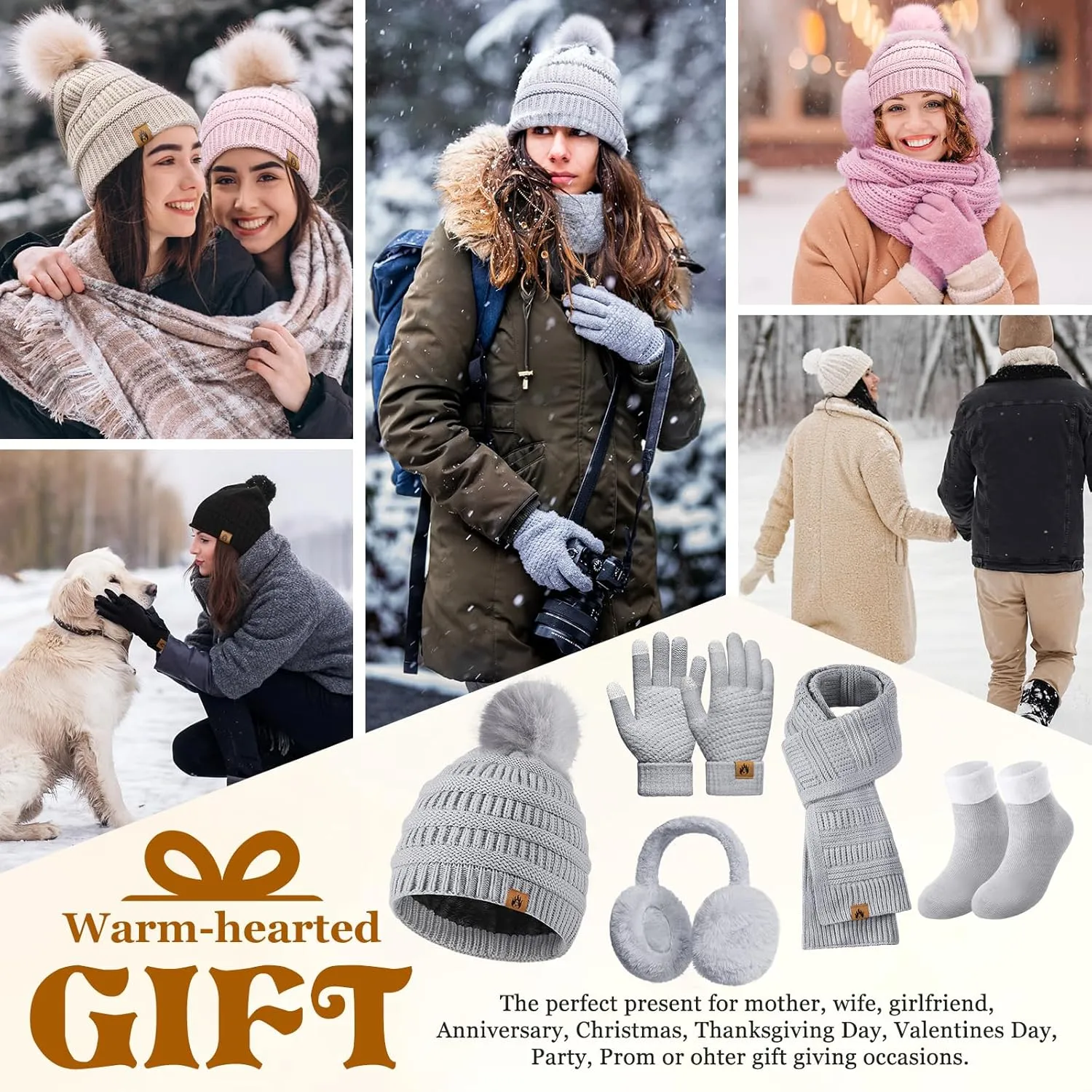 Womens Winter Beanie Hat Scarf Gloves Set Fleece Hat Long Scarf Neck Warmer Ear muffs Fuzzy Socks 5 in 1 Knit Sets