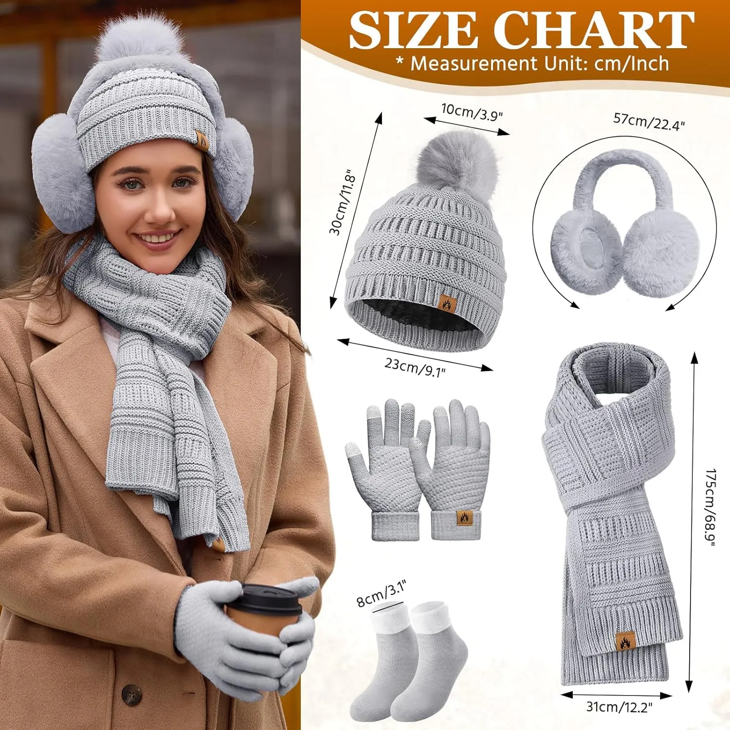 Womens Winter Beanie Hat Scarf Gloves Set Fleece Hat Long Scarf Neck Warmer Ear muffs Fuzzy Socks 5 in 1 Knit Sets