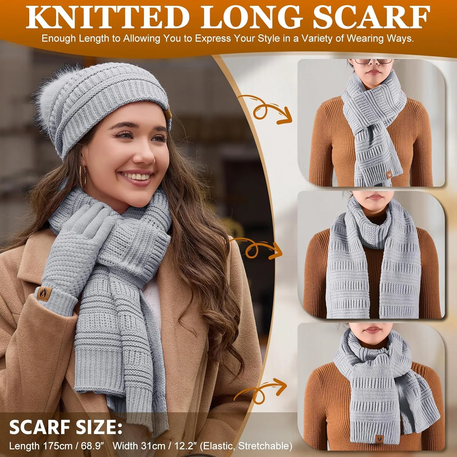 Womens Winter Beanie Hat Scarf Gloves Set Fleece Hat Long Scarf Neck Warmer Ear muffs Fuzzy Socks 5 in 1 Knit Sets