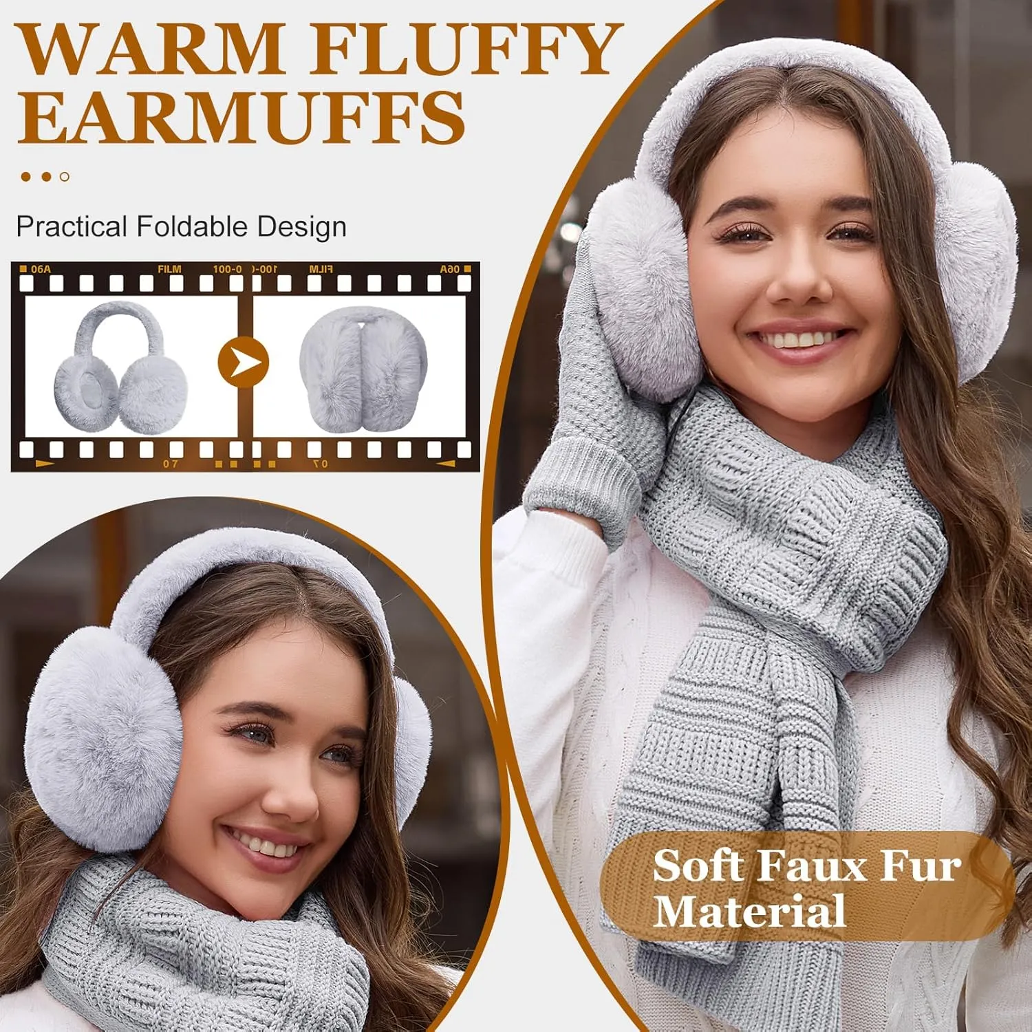 Womens Winter Beanie Hat Scarf Gloves Set Fleece Hat Long Scarf Neck Warmer Ear muffs Fuzzy Socks 5 in 1 Knit Sets