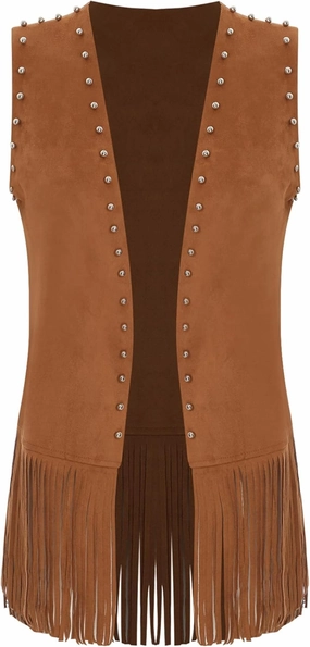 Womens Fringe Vest Jacket Faux Suede Rivets Western Vest Cardigan Cowgirl Tops for Party