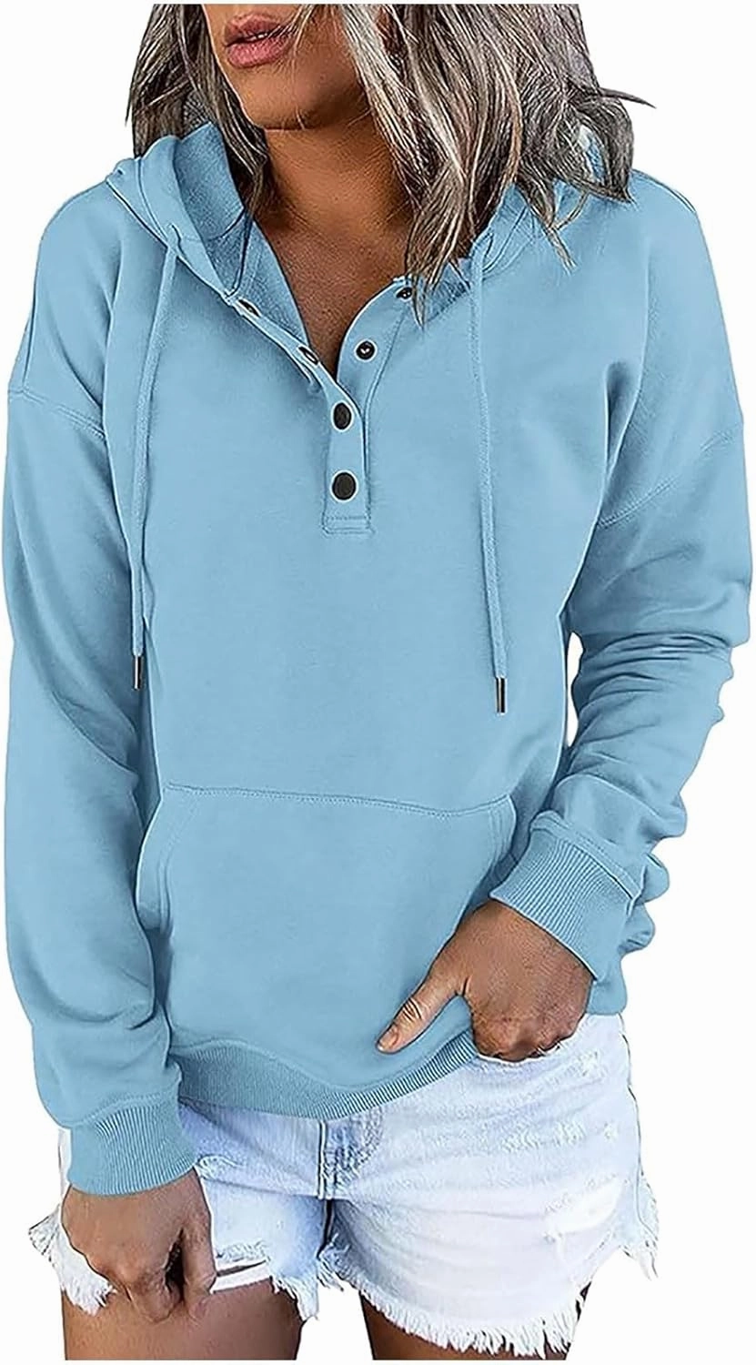 Womens Hooded Sweatshirts Solid Button Down Y2K Hoodies Long Sleeve Pullover Tops 2023 Fall Trendy Clothes