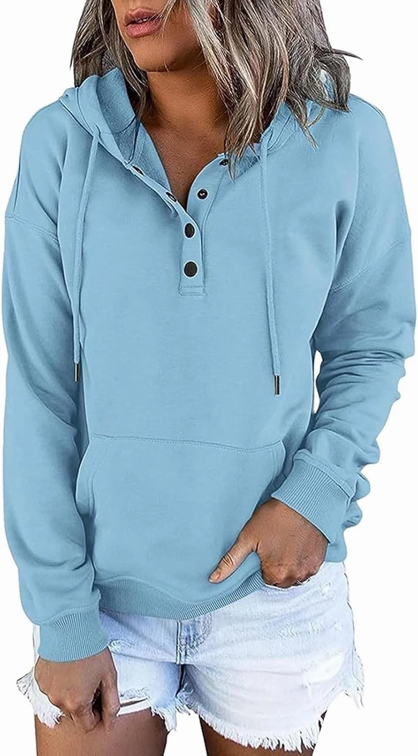 Womens Hooded Sweatshirts Solid Button Down Y2K Hoodies Long Sleeve Pullover Tops 2023 Fall Trendy Clothes
