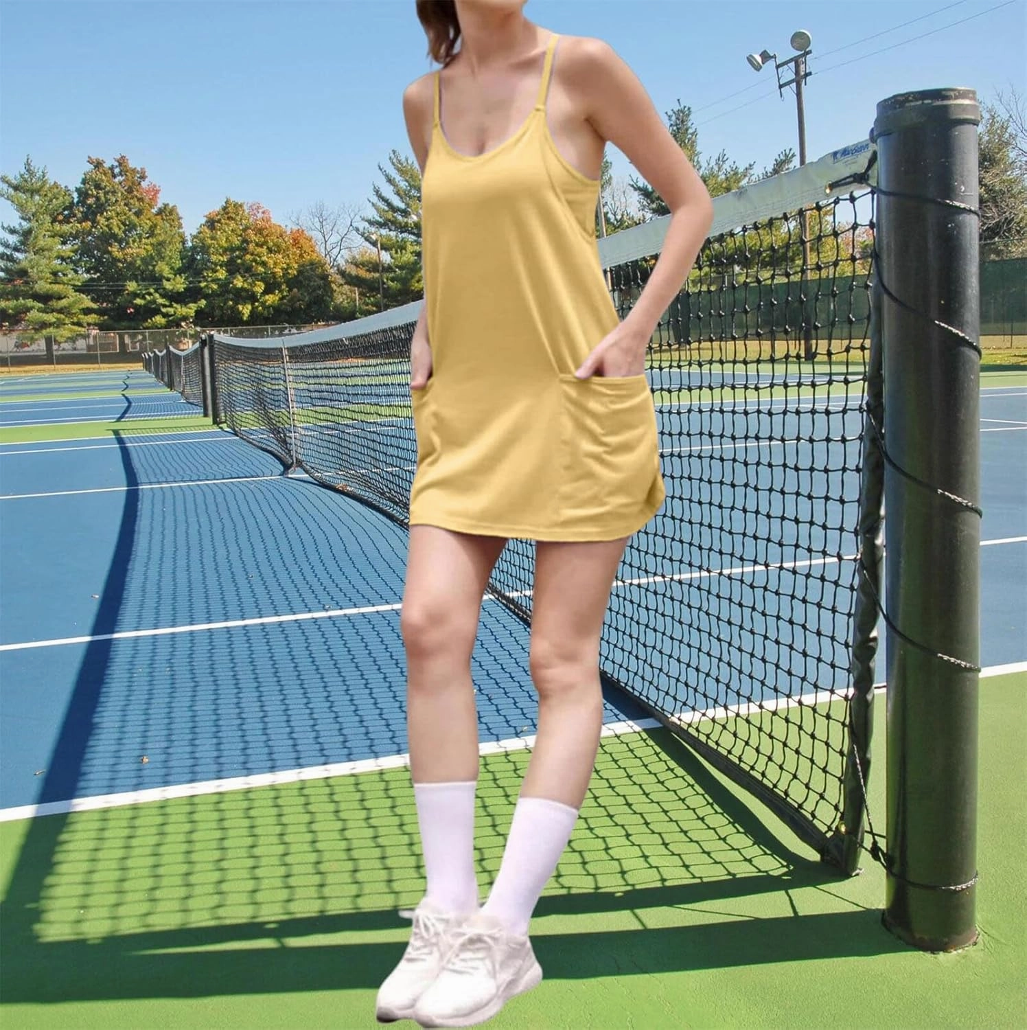 Womens Workout Romper Dress with Shorts Underneath Sleeveless Spaghetti Straps Athletic Outfits Casual Vacation
