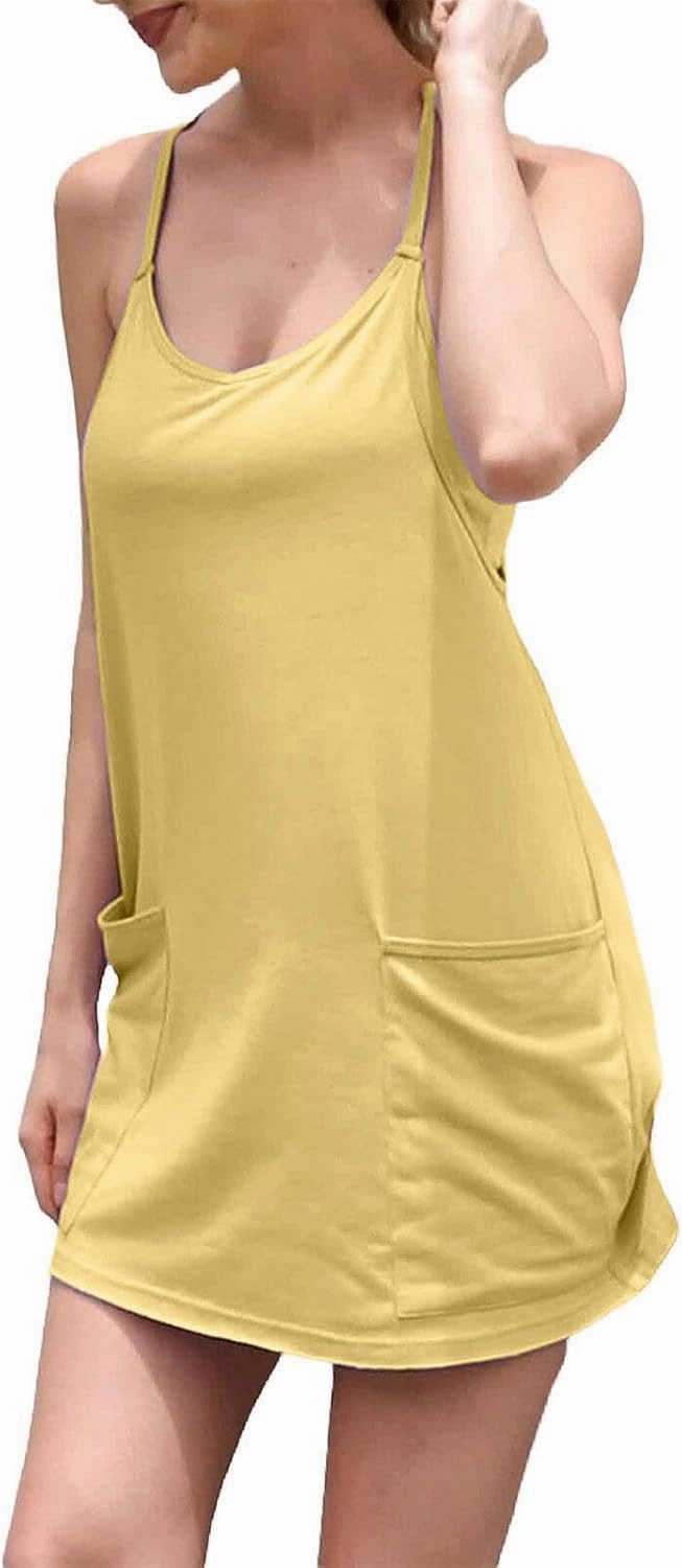 Womens Workout Romper Dress with Shorts Underneath Sleeveless Spaghetti Straps Athletic Outfits Casual Vacation